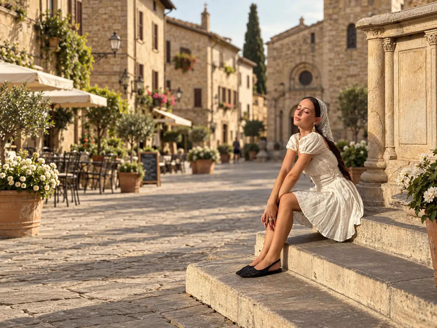 Donna in abito bianco e velo di pizzo seduta su una scalinata di pietra in una piazza di paese, nella luce del tramonto